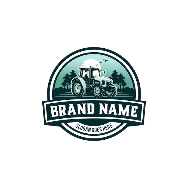 Логотип фермы с трактором и природой в стиле ретро