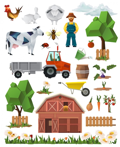 Vector farm, low poly set of vector icons