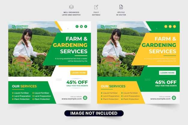 Vettore del modello di gestione dell'azienda agricola con i colori verde e giallo progettazione di banner web per il servizio di giardinaggio e prato inglese per il social media marketing vettore di post sui social media per il servizio agricolo agricolo per la promozione