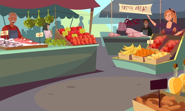 Agricoltori del mercato agricolo che vendono frutta e verdura biologica bancarelle con pesce fresco e carne fumetto illustrazione festival del cibo naturale ed ecologico