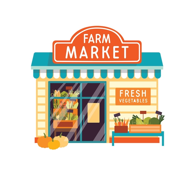 Farm market flat vector illustration. Food store building exterior. Vegetable shop facade with signboard isolated on white background. Kiosk with fresh veggies. Grocery with corn at showcase.