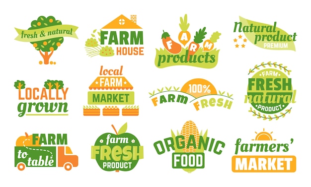 Farm market labels set van illustraties, banners en linten voor biologische, verse en boerenproducten. Groen vegetarisch logo, landbouwemblemen van topkwaliteit. Stickers van natuurlijke producten.