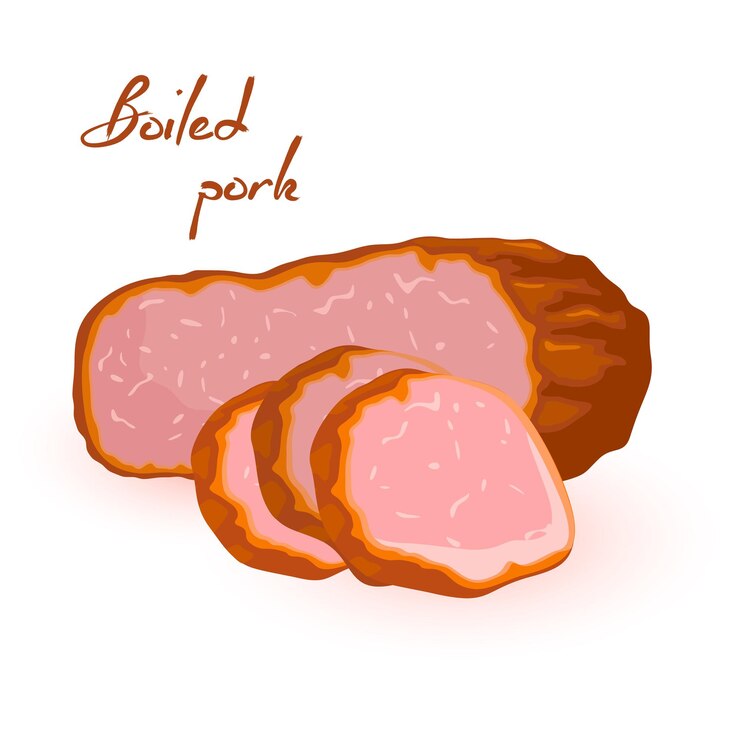 Vector farm meat products from beef or pork. salted smoked red ham, gammon, gigot, silverside, bacon.