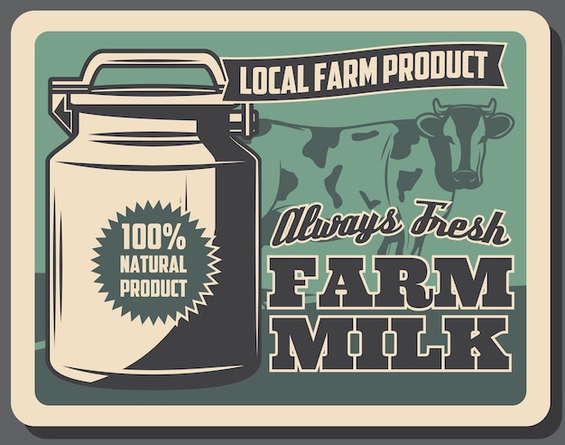 Vector farm milk retro poster with cow and metal can