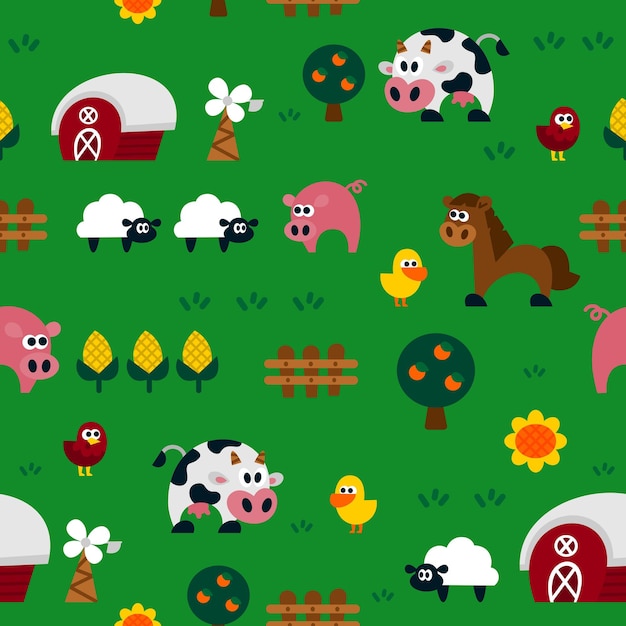 Vector farm nature seamless pattern cute flat style for kids