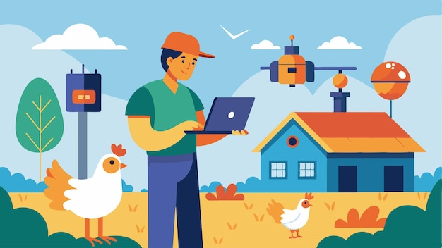 Vector a farm owner remotely monitors a robot that roams through a chicken coop using sensors to measure