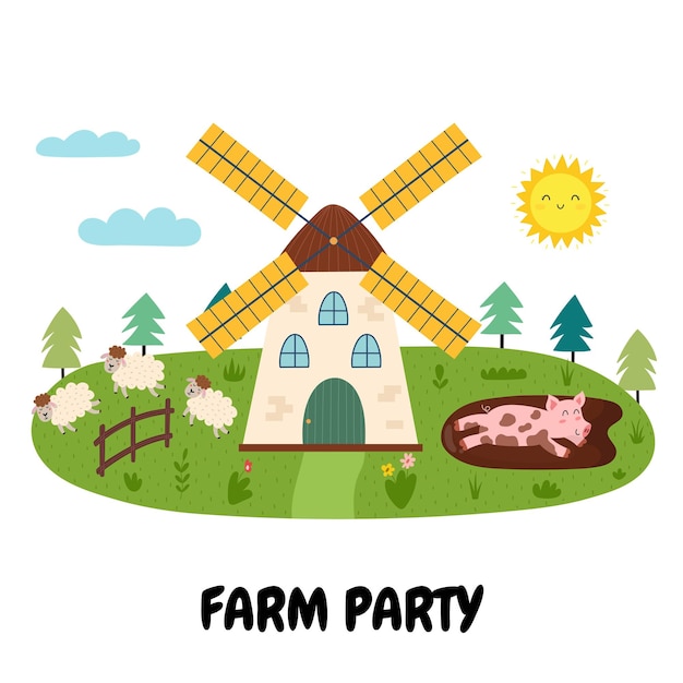 Farm Party print with a windmill pig in mud and sheep Summer green meadow background