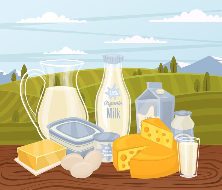 Вектор иллюстрация сельскохозяйственных продуктов с молочной композиции