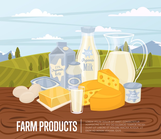 Farm products illustration with dairy composition