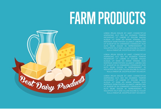 Иллюстрация сельскохозяйственных продуктов с текстом шаблона с молочной композиции