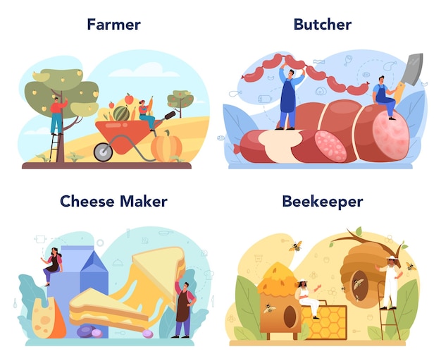 농장 직업 세트입니다. 농업 식품 생산입니다. 마을 식료품. 농업 생산. 고기, 치즈, 꿀. 격리 된 평면 그림
