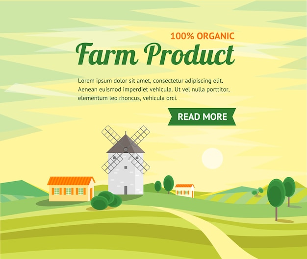 Vector farm prouct banner on rural landscape with traditional old windmill. flat design style.