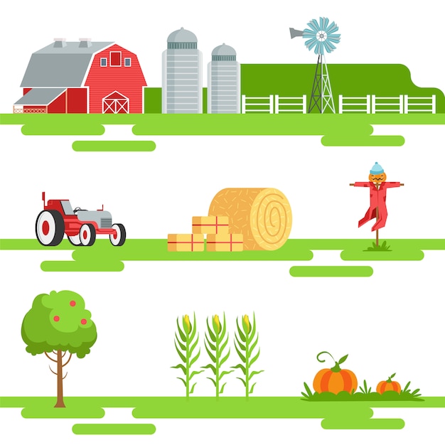 Farm Related Elements In Geometric Style Set Of Illustrations