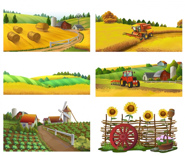 Vector farm, rural landscape, vector set