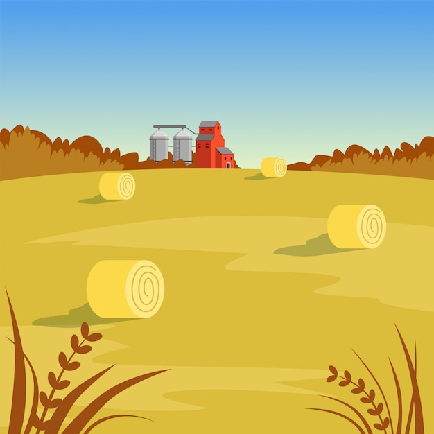 Farm rural landscape with hay, beautiful autumn background   illustration