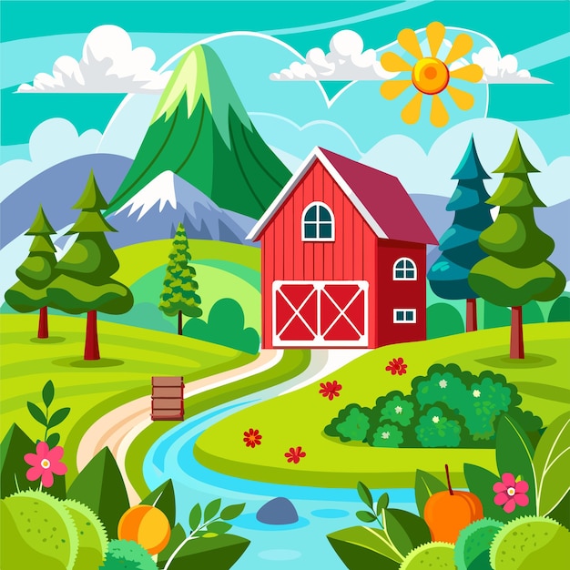 Вектор farm scene in nature with barn vector illustration