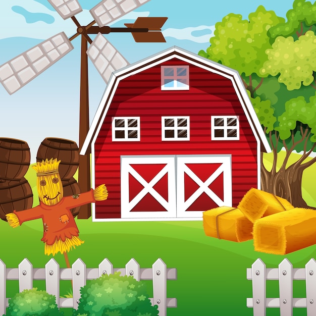 Farm scene in nature with barn and scarecrow