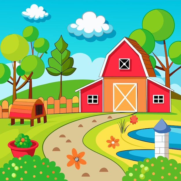 Vettore farm scene in nature with barn vector illustration