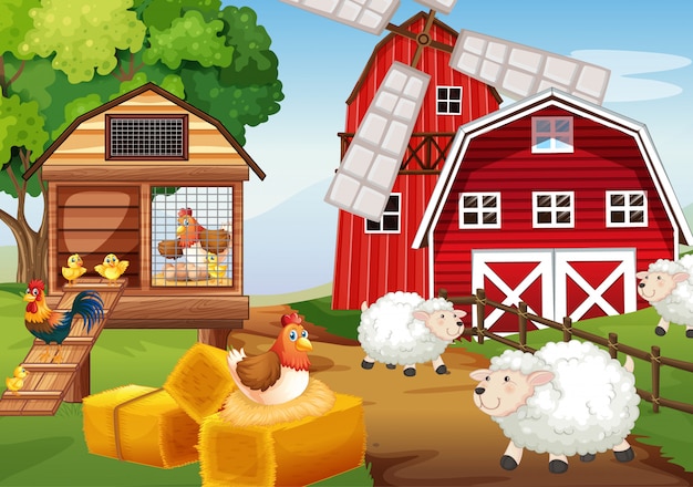 Farm scene in nature with barn and windmill and animal farm