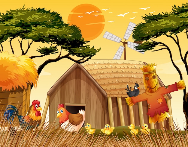 Ферма сцена в природе с сараем и ветряная мельница и курица