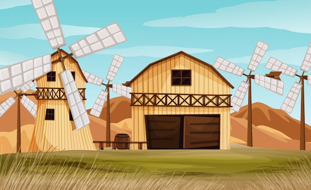 Farm scene in nature with barn and windmill