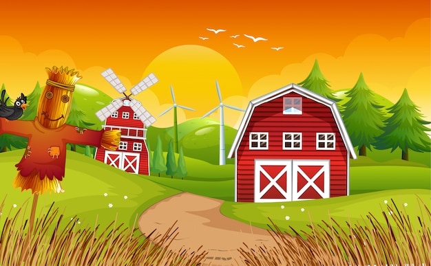 Farm scene in nature with barn and windmill