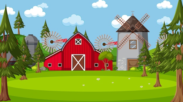 Farm scene in nature with barn and windmill