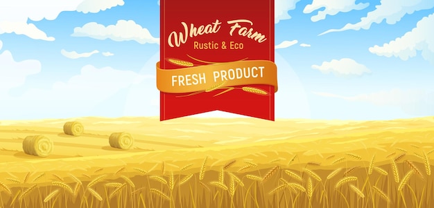 Ферма сцена сельские поля пшеница плакат с красной лентой богато украшенный текст и открытый пейзаж