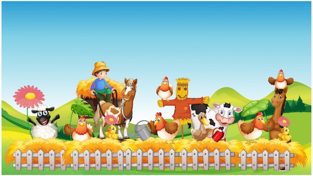 Vector farm scene with animal farm cartoon style