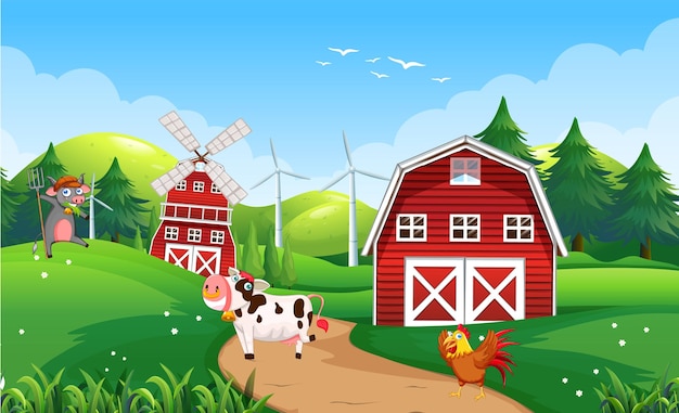 Vettore scena di fattoria con animali nel campo