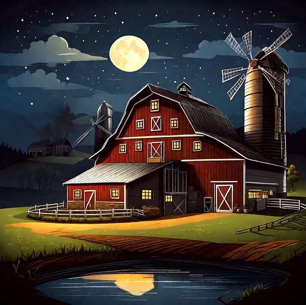 Vector farm scene with barn and apple tree at night ai_generated