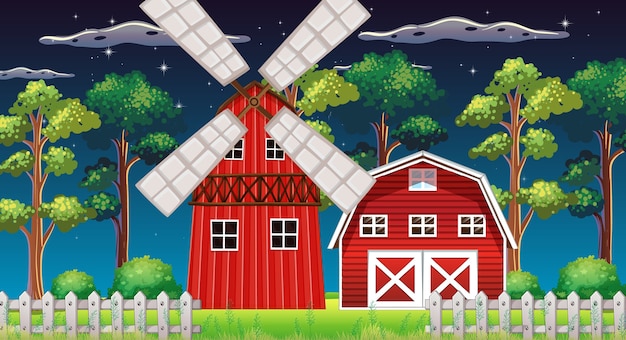 Farm scene with barn and mill at night