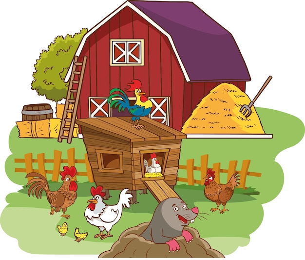 Vector a farm scene with a barn and a mouse and a chicken.