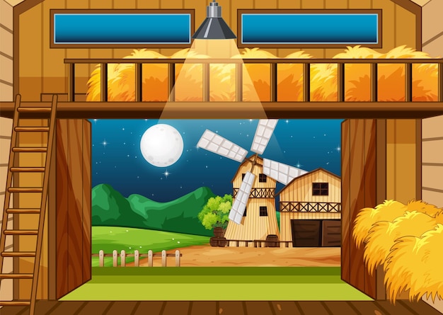 Vector farm scene with barn and windmill