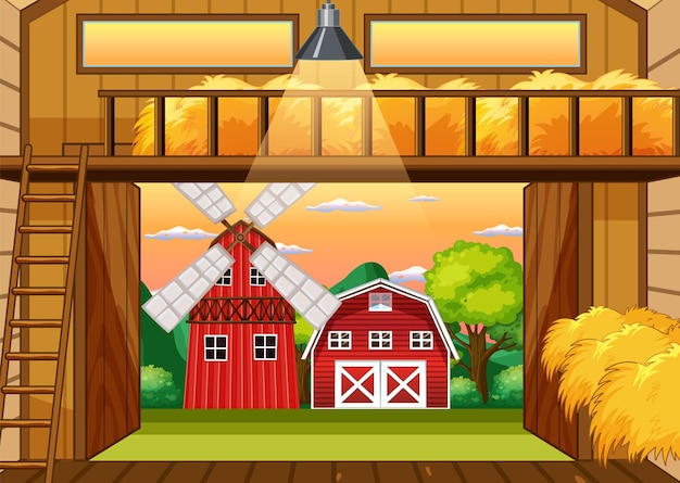 Vector farm scene with barn and windmill