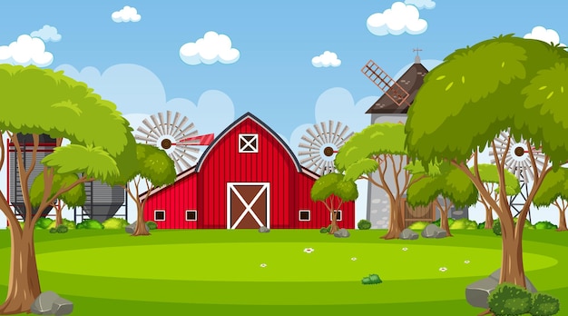 Vector farm scene with barn and windmill