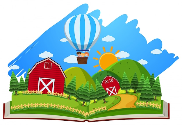 Farm scene with barns and balloon in the book