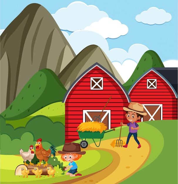 Ферма сцена с мальчиком и девочкой, работающих на ферме