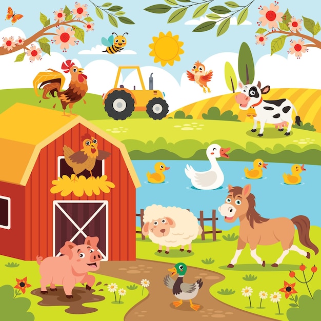 Farm Scene With Cartoon Animals