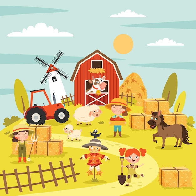 Vector farm scene with cartoon animals