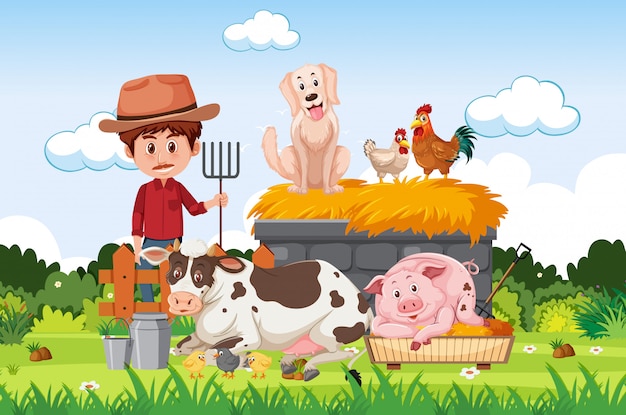 Premium Vector | Farm scene with famer and animals on the farm