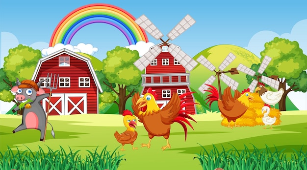 Vector farm scene with farm animals