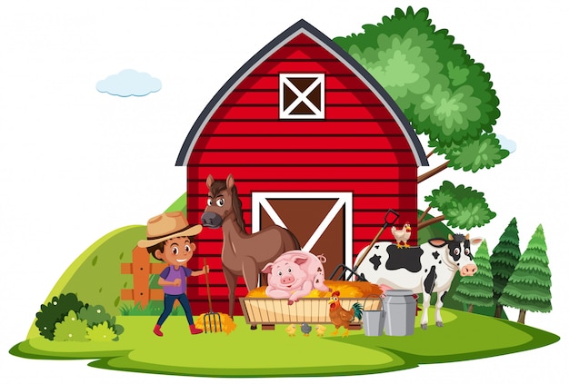 Vector farm scene with farmboy and many animals on the farm