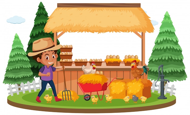 Farm scene with farmer and chickens on white background