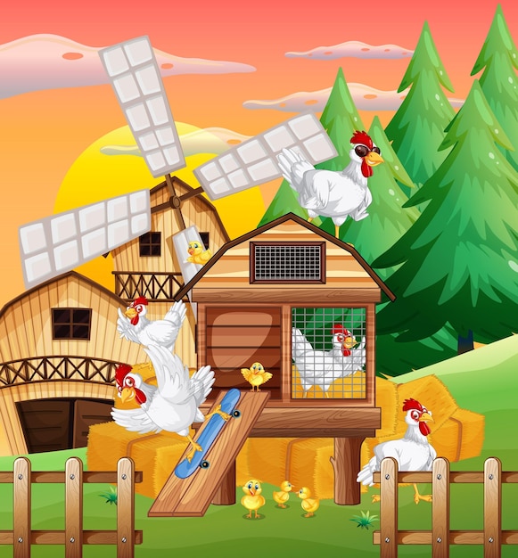 Vector farm scene with a group of chickens