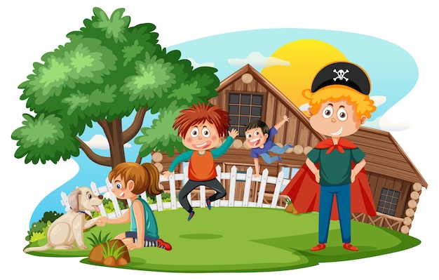 Farm scene with kids cartoon character