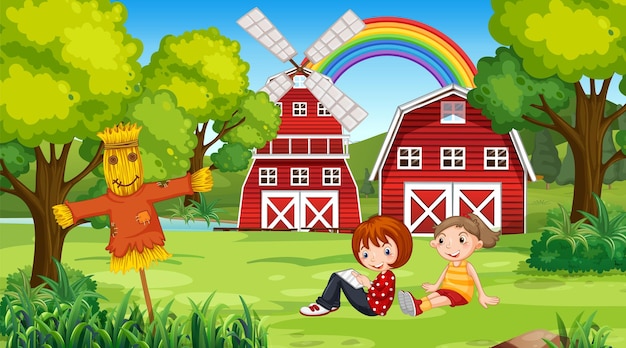 Farm scene with kids sitting in the garden