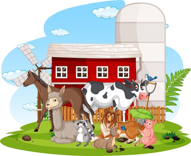 Vector farm scene with many animals by the barn