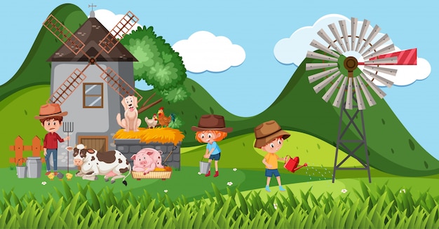 Vector farm scene with many kids and animals on the farm