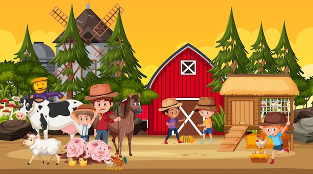 Сцена фермы со многими детьми мультипликационного персонажа и сельскохозяйственных животных